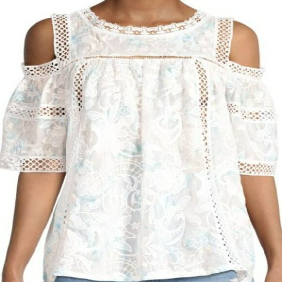 Embroidered Cold Shoulder women's Lace Inset Top. Size M - Picture 2 of 5